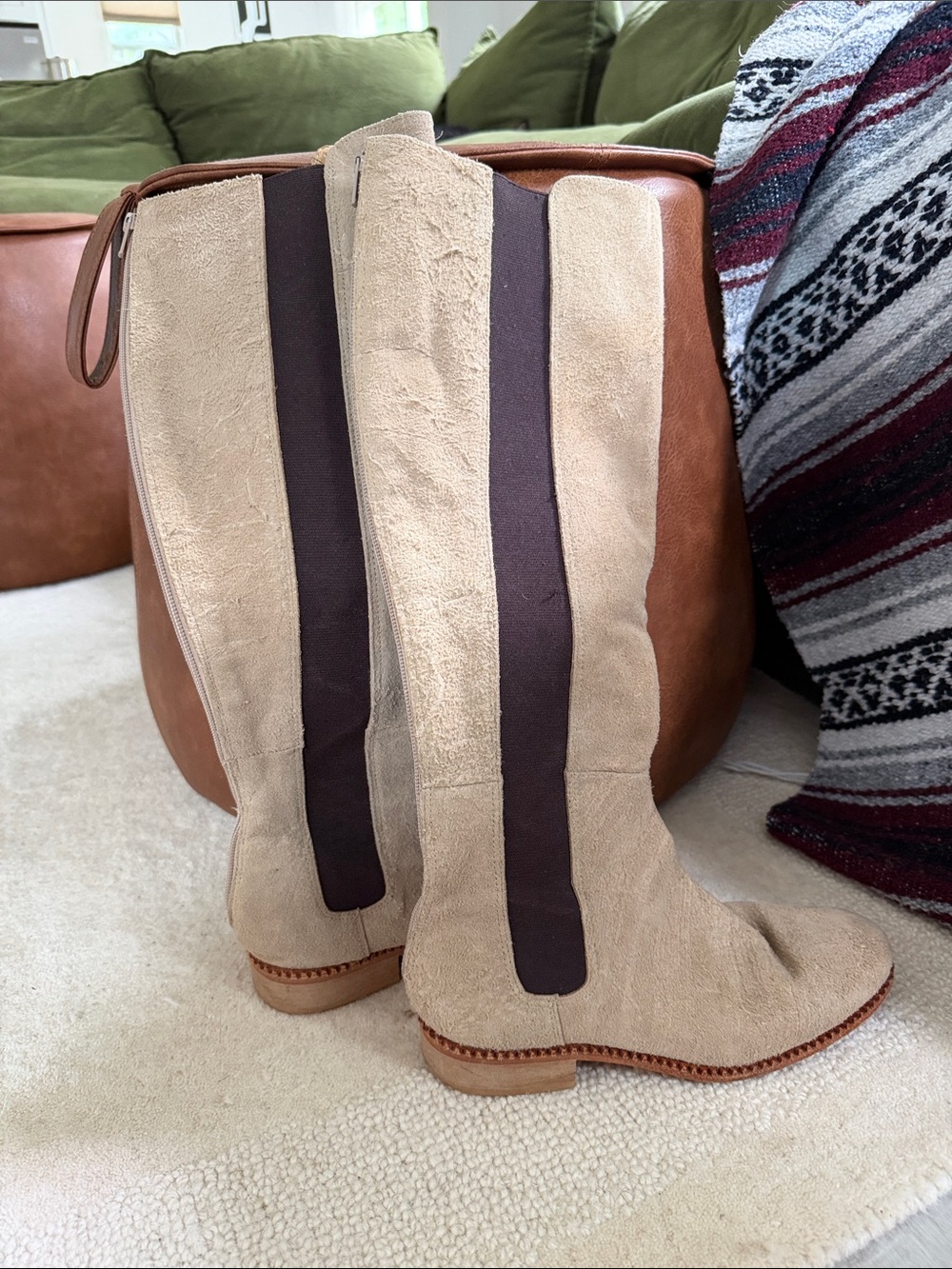 Free People Beige Suede Over-the-Knee Boots with Dark Brown Elastic